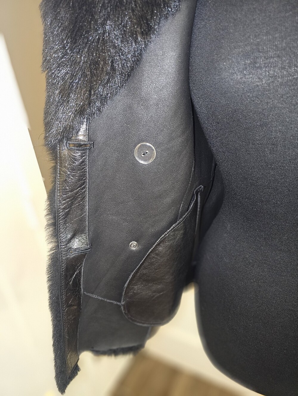 Black Double Breasted Fur & Imported Sheepskin Leather Jacket - Picture 10 of 11